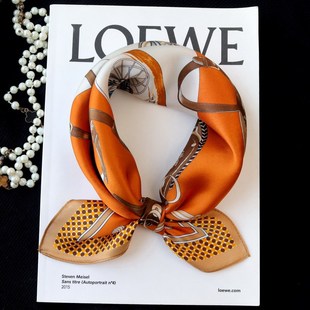 马车先生橘色小方巾气质百搭装 饰真丝素缎丝巾头巾围巾桑蚕丝领巾