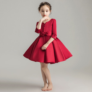女童礼服裙走秀小花童生日红色蓬蓬裙儿童公主裙主持人钢琴演出服