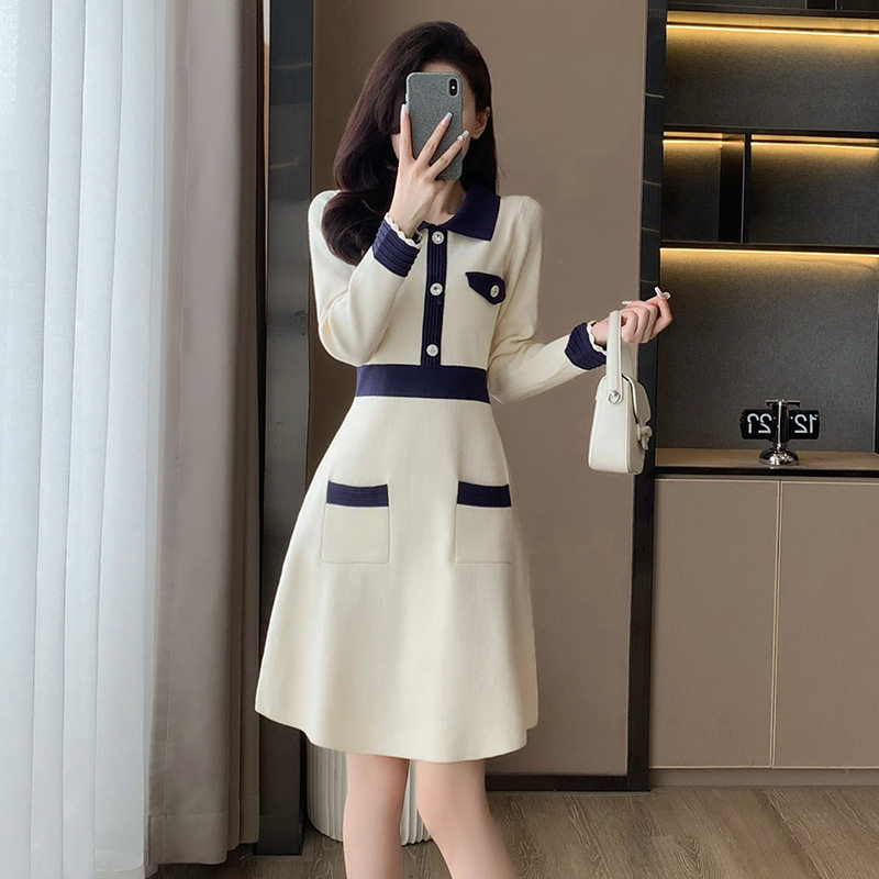 欧洲站2024春季女装新款配大衣的毛衣裙修身显瘦小香风针织连衣裙