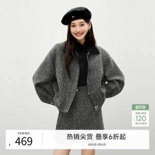 经典 新款 复古宽松上衣 外套女2025冬季 秋水伊人千鸟格撞色翻领短款