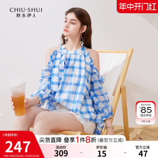 新款 秋水伊人法式 女2024夏季 女装 圆领雪纺衫 度假风露肩格子上衣