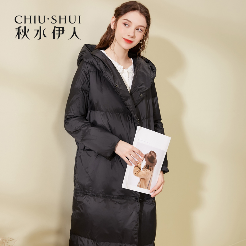 秋水伊人羽絨服冬裝2019新款女裝白鴨絨純色寬松中長款外套