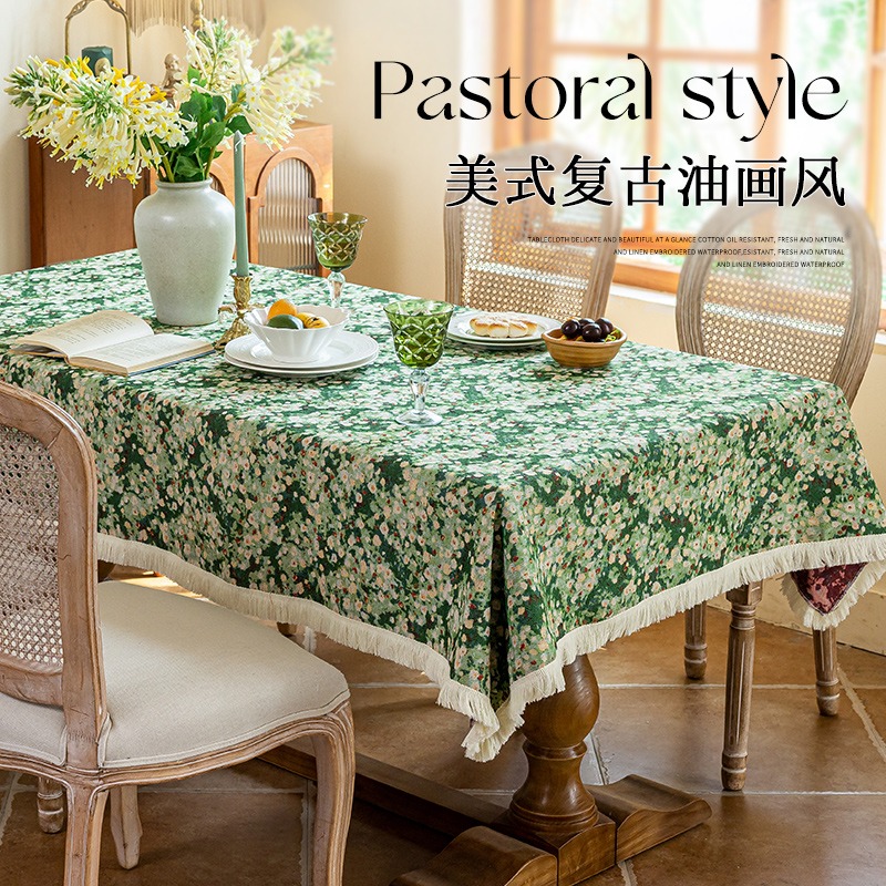美式复古餐桌布艺茶几布长方形提花桌布田园风油画感绿色装饰盖布图片