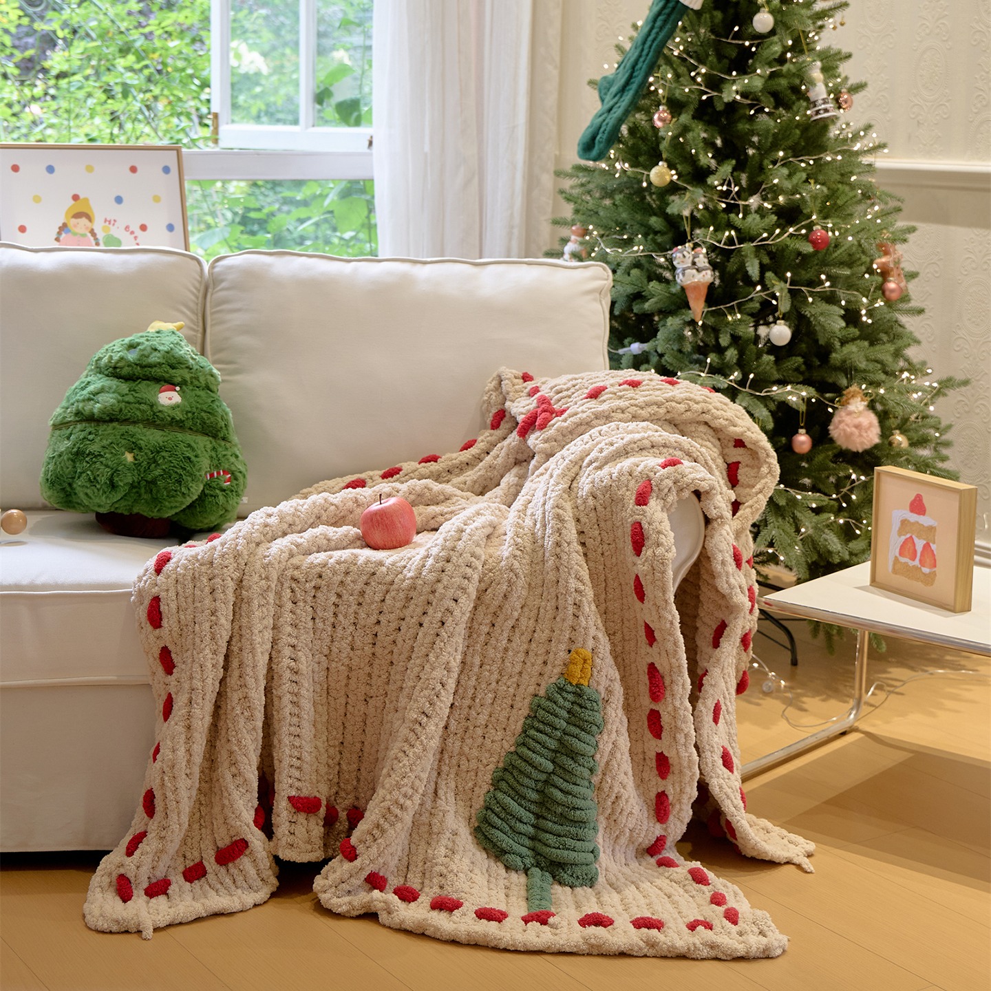 2025新款圣诞节日氛围感休闲毛毯立体松树披肩毯软糯空调午睡毯子