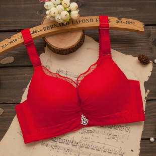 都市性感红色内衣带钢圈文胸蕾丝透气小胸中厚聚拢收副乳调整胸罩