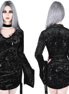 潮牌KILLSTAR Helena Hex哥特魔女星象丝绒蕾丝连衣裙