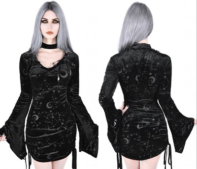 潮牌哥特魔女星象丝绒蕾丝连衣裙