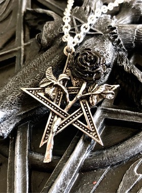 Alchemy Gothic P715 Ruah Vered黑玫瑰五芒星哥特朋克摇滚项链
