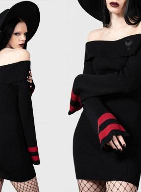 限量款KILLSTAR暗黑哥特亚文化ALDER BARDOT露肩蝙蝠性感包臀连衣