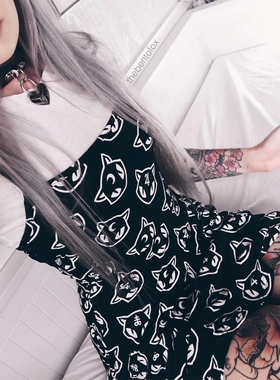 现货KILLSTAR暗黑哥特亚文化Kitty月亮黑猫吊带连衣裙套装