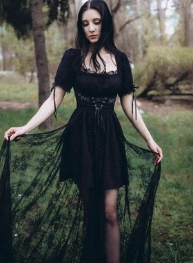 东欧RESTYLE波兰WILD INCANTATIONS暗黑哥特绑带蕾丝裙摆连衣裙