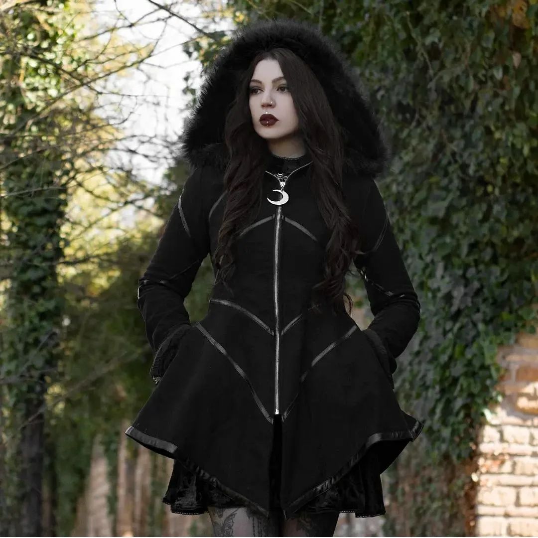 哥特风黑色拼接修身复古连帽衫