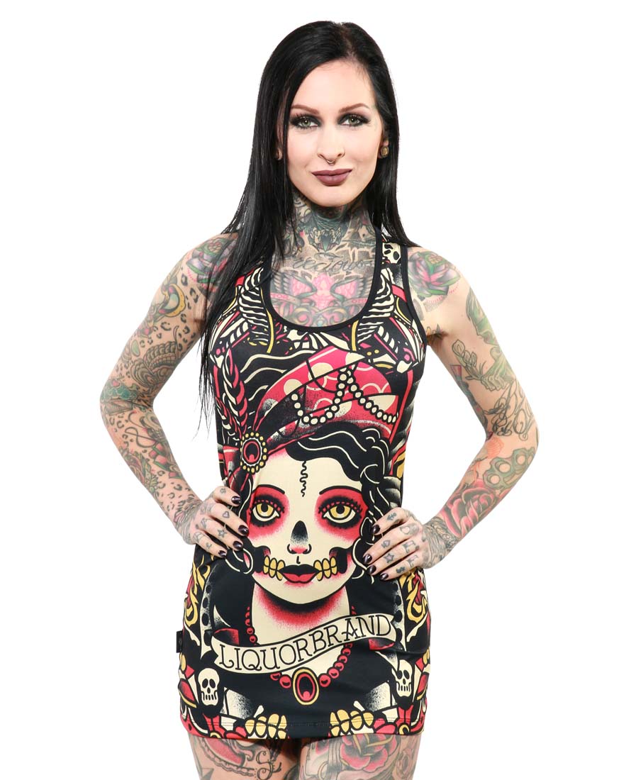 复古潮牌liquorbrand gypsy moth骷髅纹身西海岸美女黑帮摇滚背心