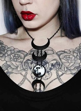 东欧月相哥特巨型黑银两色项链