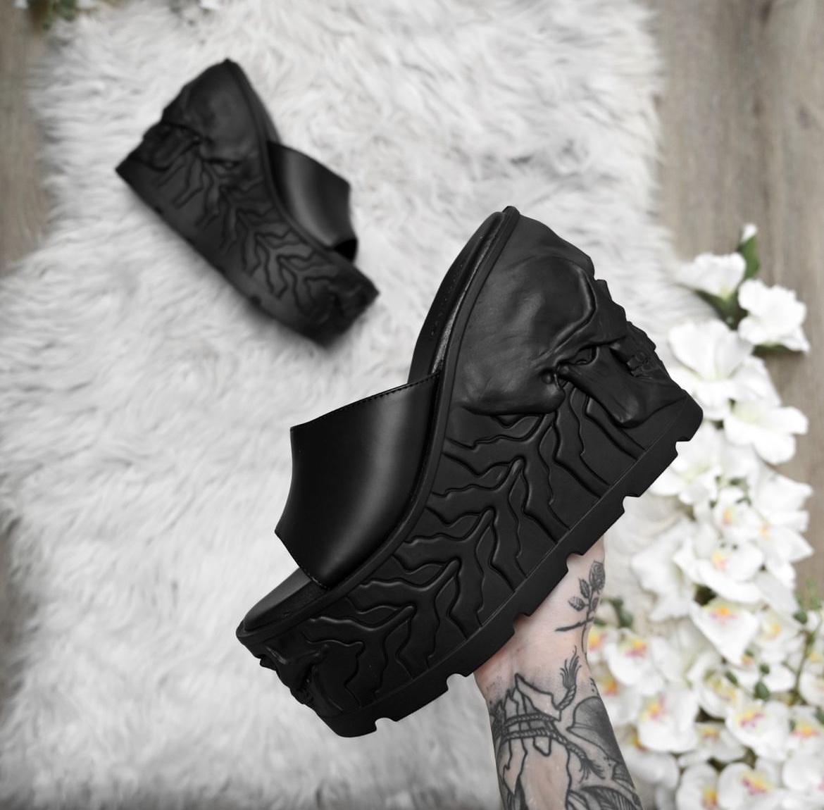 KILLSTAR哥特暗黑DOOM邪恶亚文化立体骷髅头骸骨厚底增高皮拖鞋