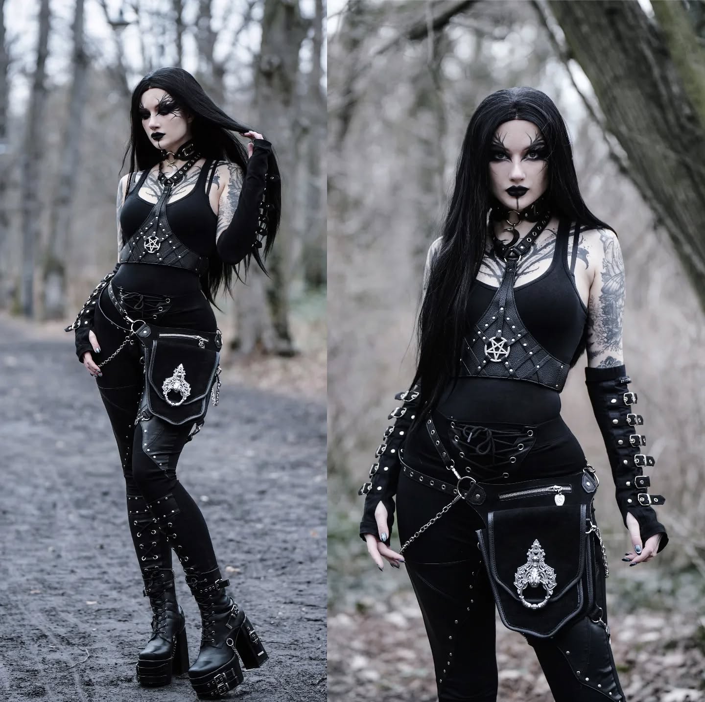 东欧RESTYLE暗黑哥特亚文化BAT摇滚朋克皮蝙蝠拼接绑带修身打底裤