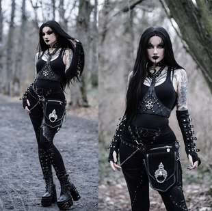 东欧RESTYLE暗黑哥特亚文化BAT摇滚朋克皮蝙蝠拼接绑带修身 打底裤