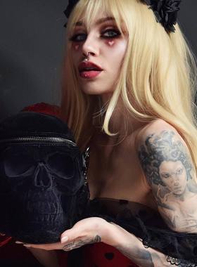 潮牌KILLSTAR Grave Digger Skull哥特骷髅坟墓丝绒立体挎包