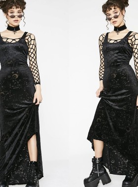 潮牌KILLSTAR Lyra Maxi哥特丝绒星象长款背心连衣裙