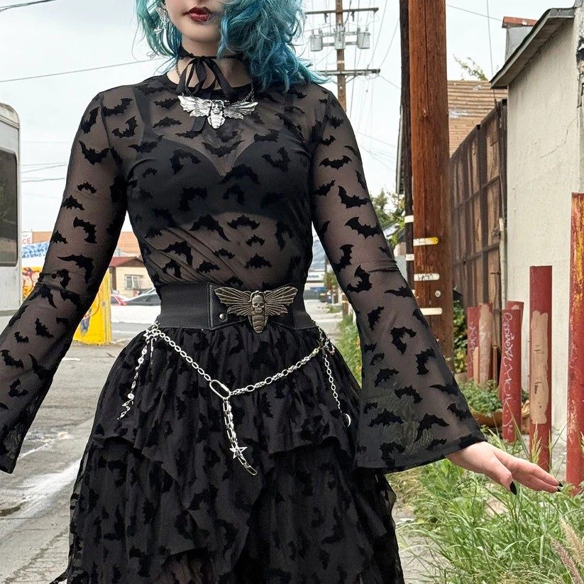 KREEPSVILLE666蝙蝠植绒透视T恤