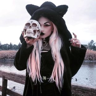 东欧RESTYLE暗黑哥特CAT FUR黑猫毛皮亚文化摇滚朋克棉外套 FAUX