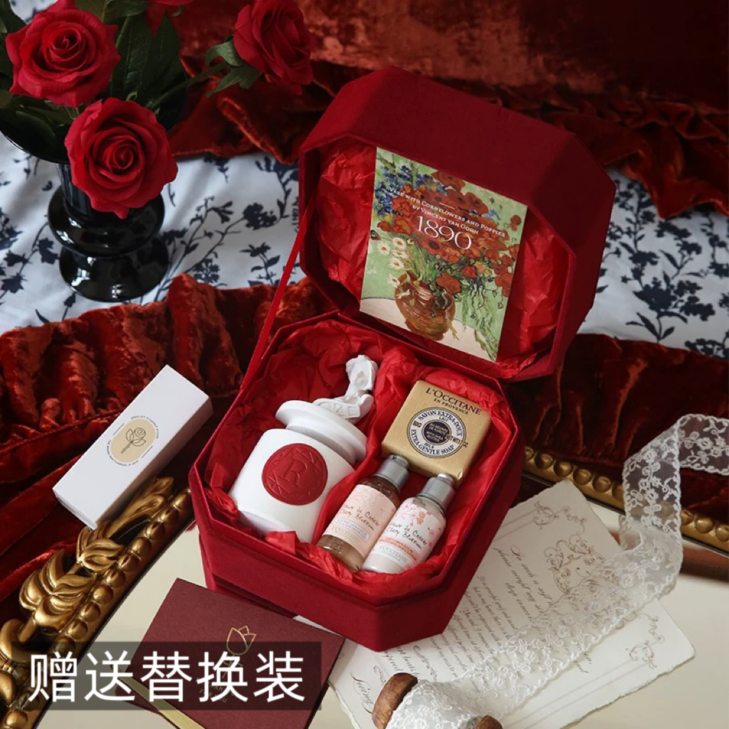 《玫瑰与她》女生生日结婚伴手礼礼物大红色欧舒丹香薰蜡烛礼盒