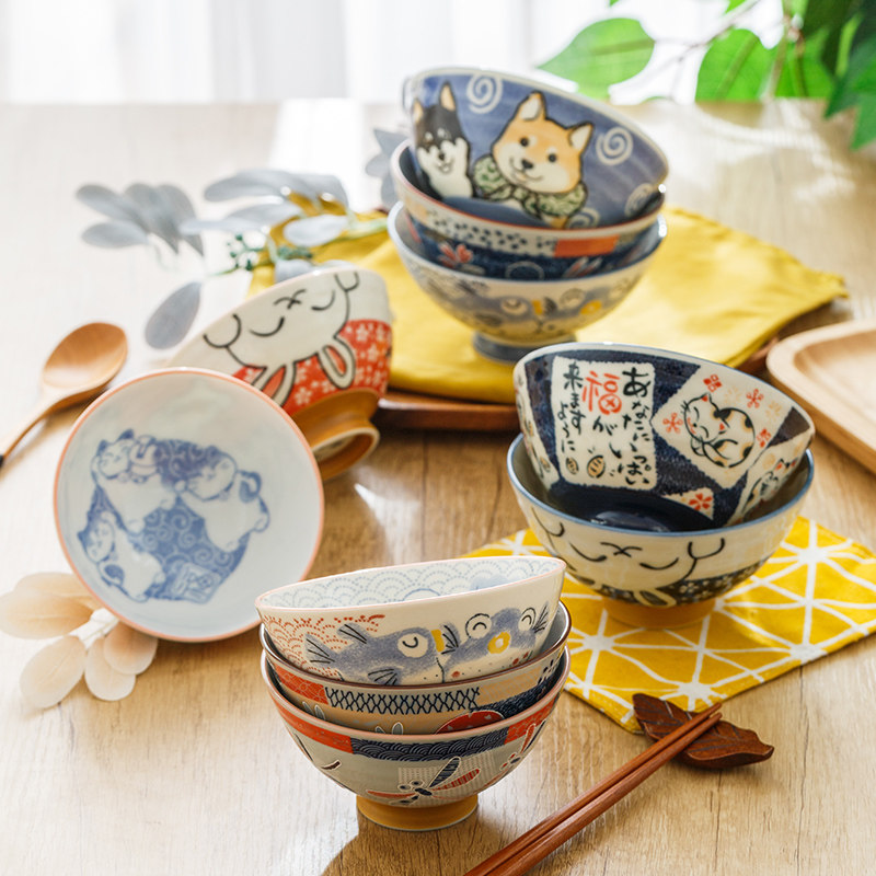 日本进口卡通陶瓷碗釉下彩亲子碗日式动物高脚碗汤碗面碗家用儿童
