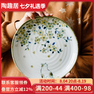 千代源日式进口饭碗汤碗花见猫釉下彩可爱好看猫咪钵碗家用餐具