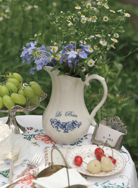 赴一场野餐法式乡村田园风蓝色印花花瓶复古陶瓷奶罐冷水壶