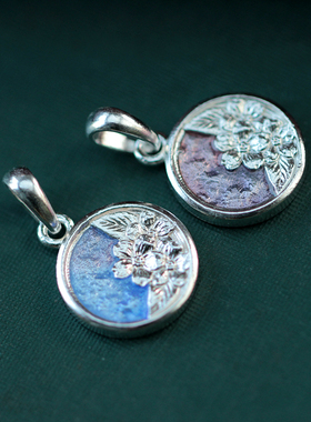 纯银高温珐琅勿忘我吊坠手工