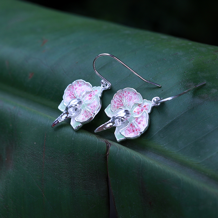 纯银高温珐琅兰花耳环