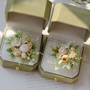 馨缘枝造原创设计作白绿色永生真花对戒草坪婚礼植物戒指拍照饰品