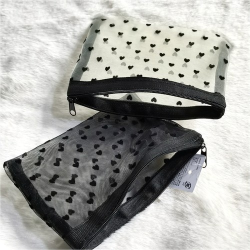 手感超好植绒爱心款网纱零钱包钥匙包卡片包零钱袋透明收纳袋N43