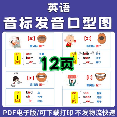48个英语国际音标发音口型对照图单词小卡片电子版PDF文件共12页