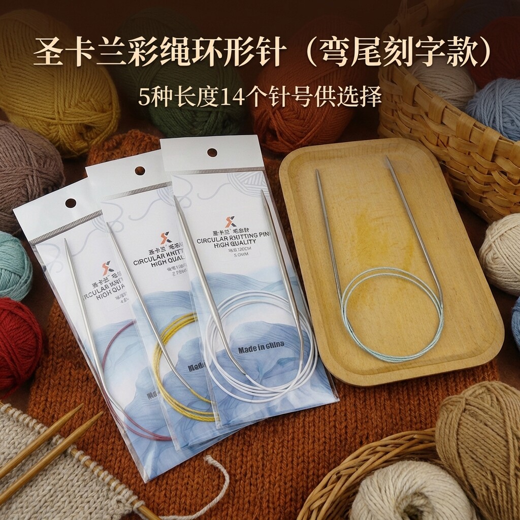 圣卡兰弯尾环形针彩色绳空心不锈钢毛衣针棒针织针(1副）带刻字