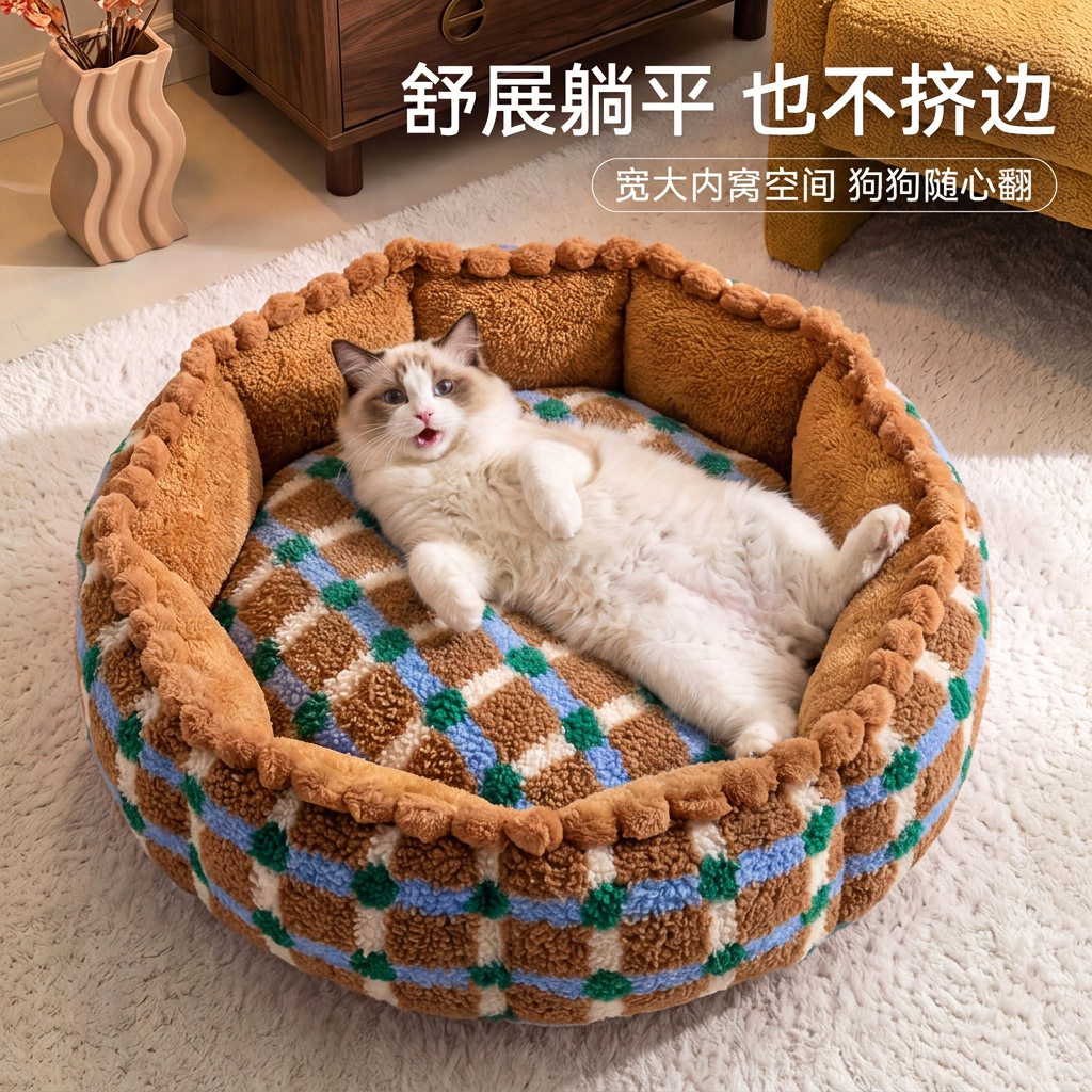 秋冬新款猫窝加厚深度睡眠羊羔绒保暖中小型犬可拆洗保暖宠物狗窝