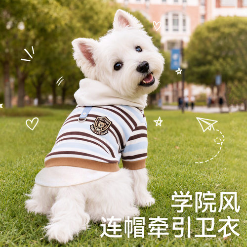 秋冬季学院风宠物服饰连帽可牵引比熊小型犬薄绒保暖卫衣狗狗衣服