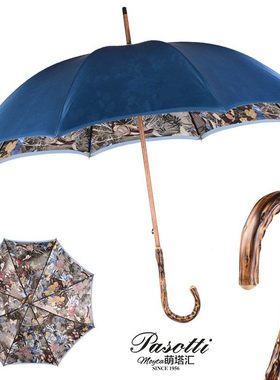 意大利Pasotti雨伞直杆solid伞双层蓝色蝴蝶伞布木质把手动长伞