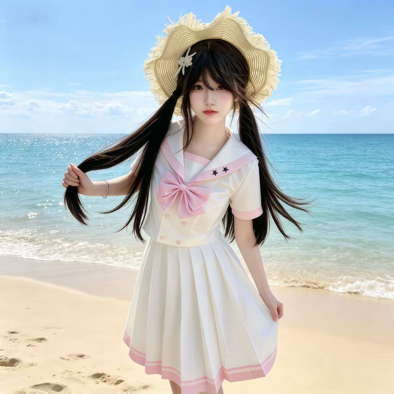 甜美学院风jk制服裙水手服粉色蝴蝶结收腰显瘦套装