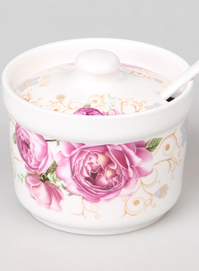 陶瓷调味罐单件套有盖子 欧式调味瓶调料盒铁架 绿色花式配小勺子