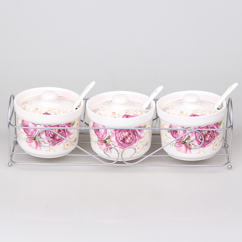 米奇力夫时尚陶瓷调味罐三件套厨房糖盐罐调料盒白色带盖送小勺架