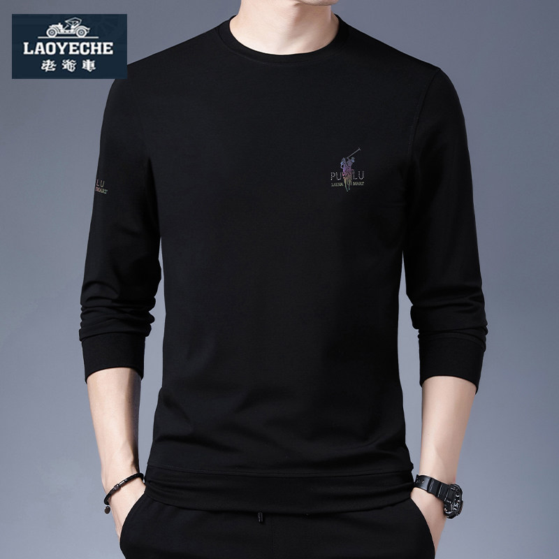 老爷车春秋季男士长袖T恤中年黑色卫衣休闲上衣男装薄款打底衫潮t