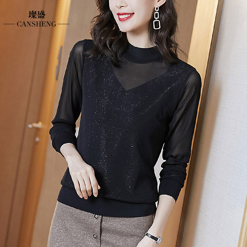 蕾丝打底衫2021秋冬女宽松百搭欧货网纱低领性感镂空内搭潮小衫衣