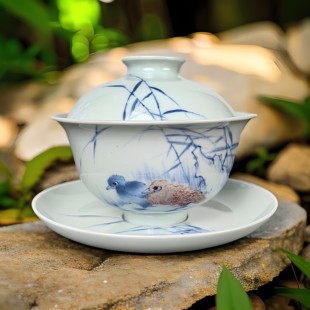 青花釉里红双禽栖竹三才盖碗 静心斋刘咏辉 正兮堂 景德镇