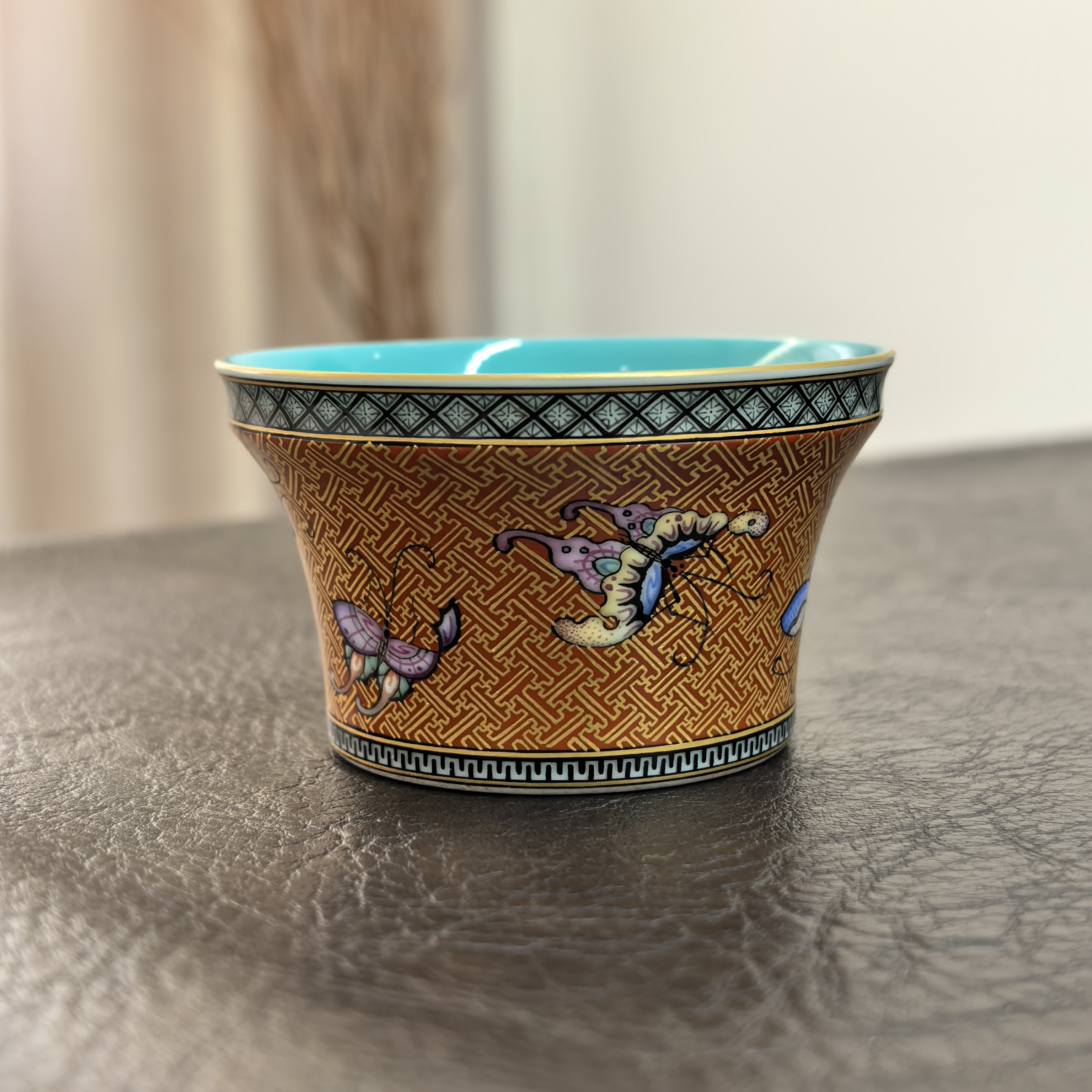 景德镇 珏窑内松石绿手绘珐琅彩矾红描金蝴蝶品杯功夫茶具主人杯