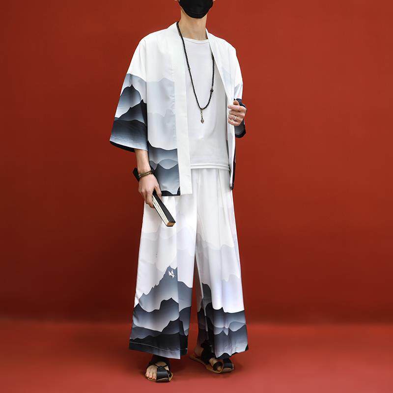 중국 스타일 정장 남성 여름 얇은 느슨한 평신도 정장 카디건 도교 가운 당나라 정장 HANFU 개선 현대 버전 투피스 세트