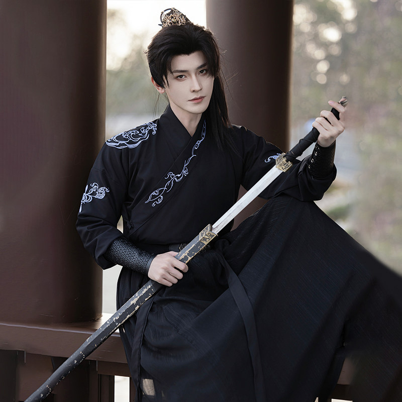 국가 동향 HANFU 남성 정통 원래 중국 스타일 남성 기사도 의상 허리 길이 웨이와 진 스타일 봄 정장 매일 사용