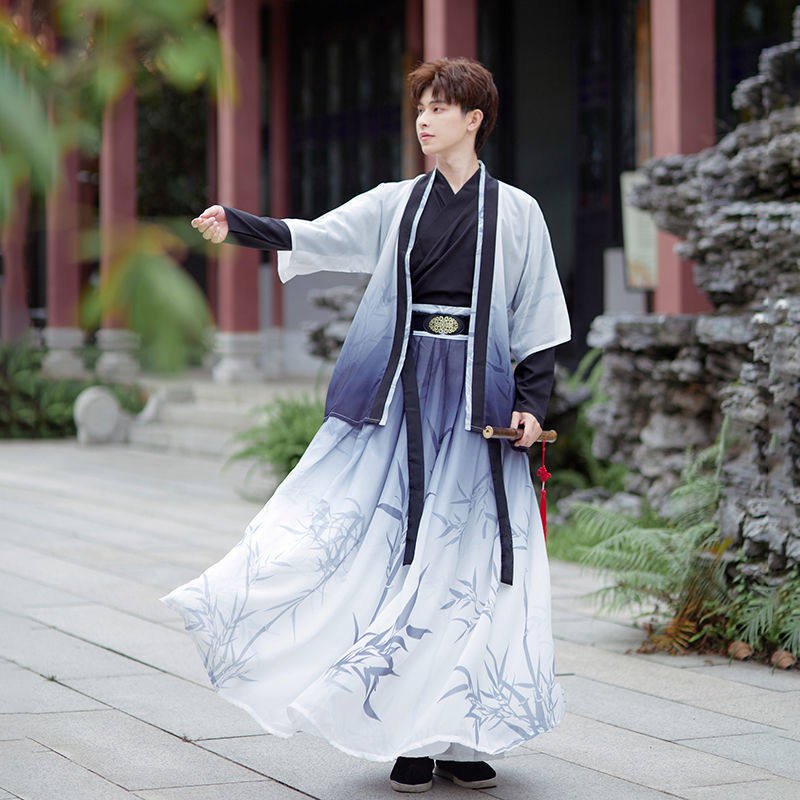 HANFU 남성 요정 정신 웨이와 진 학생 일일 공연 의상 무술 중국 스타일 잉크 스크립트 킬러 공연 대나무 잎 인쇄