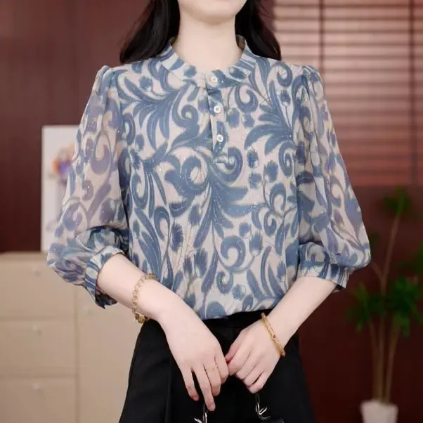 夏季清新显瘦圆领印花衬衫女 通勤韩版气质轻薄透气宽松五分袖上