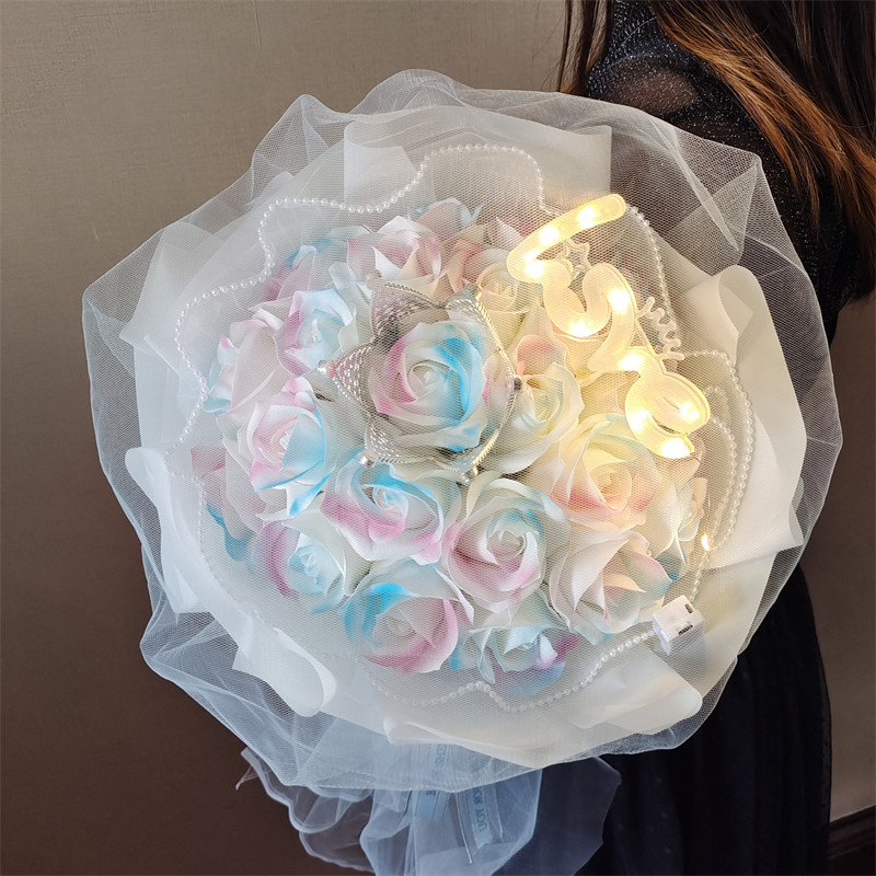 ins碎冰蓝玫瑰花束仿真香皂花成品七夕情人节礼物送女孩女友生日